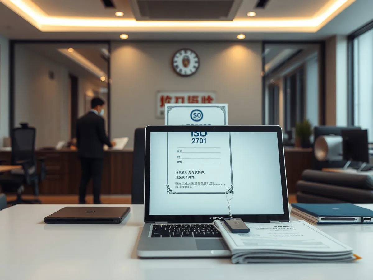 优优捷ISO 27001认证证书展示与信息安全办公场景